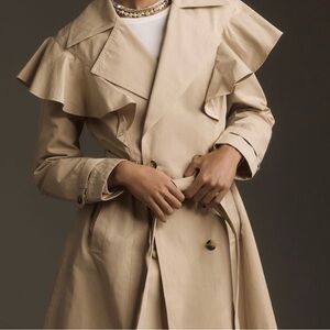 Anthropologie Beige Ruffled Ruffles Long
Light Trench Coat Jacket XS
